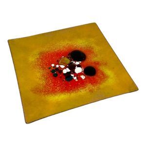 Vintage Signed Studio Enamel Trinket Dish Abstract Gold MCM 4in Square